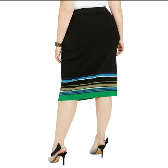 INC Straight Midi Skirt Black Emerald Striped Pull On Stretch Rib Knit NWT 3X - Picture 1 of 6